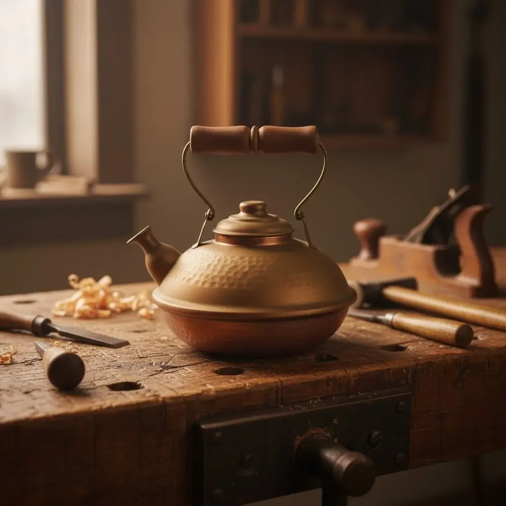 Vintage Hammered Copper Brass Kettle Teapot-Chile-Wood Handle-Rustic-Farmhouse